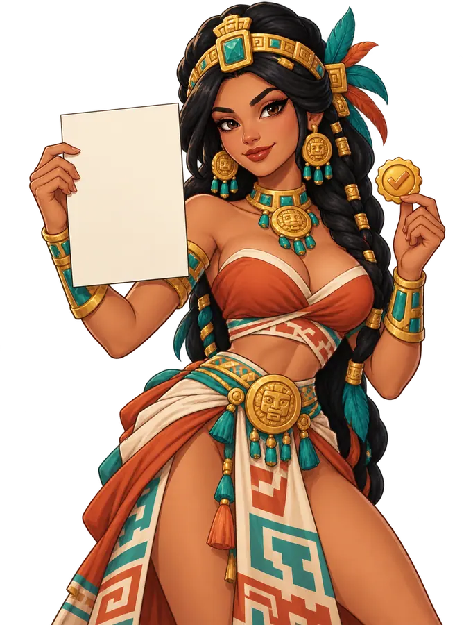 Mayan Destiny temalı rahibe Ixil, kenarları görünen ve kontrol mührü bulunan eksiksiz bir belge tutuyor
