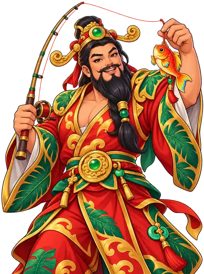 Cai Shen Fishing asosidagi Cai Shen qarmoq va tumor-baliqni ushlab turibdi