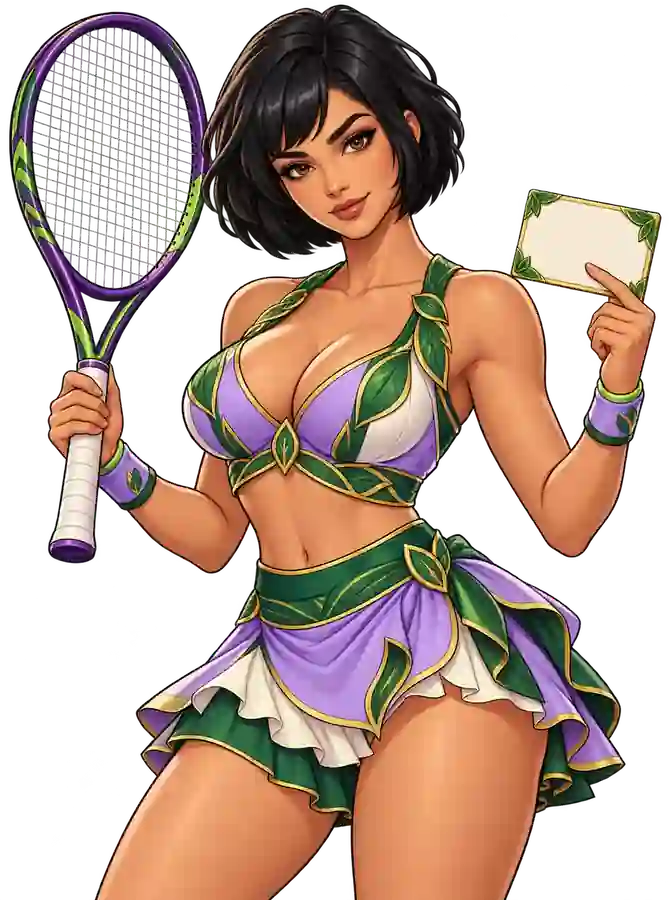 Tennis Champions asosida chizilgan tennischi ayol raketka va bo‘sh qoidalar kartochkasini ushlab turibdi
