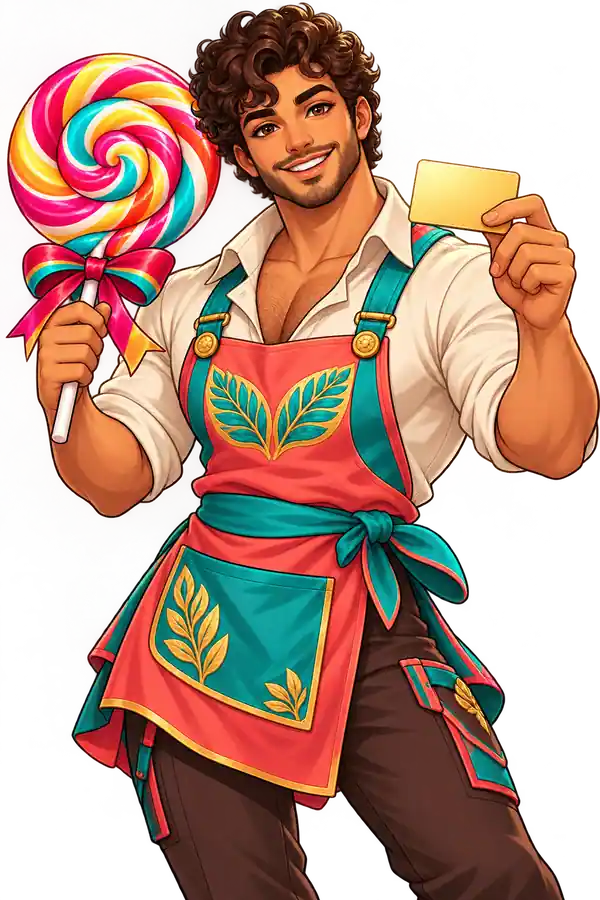 Sweet Bonanza asosida chizilgan bog‘bon lolipop va bepul aylanishlarning bo‘sh kartochkasini ushlab turibdi
