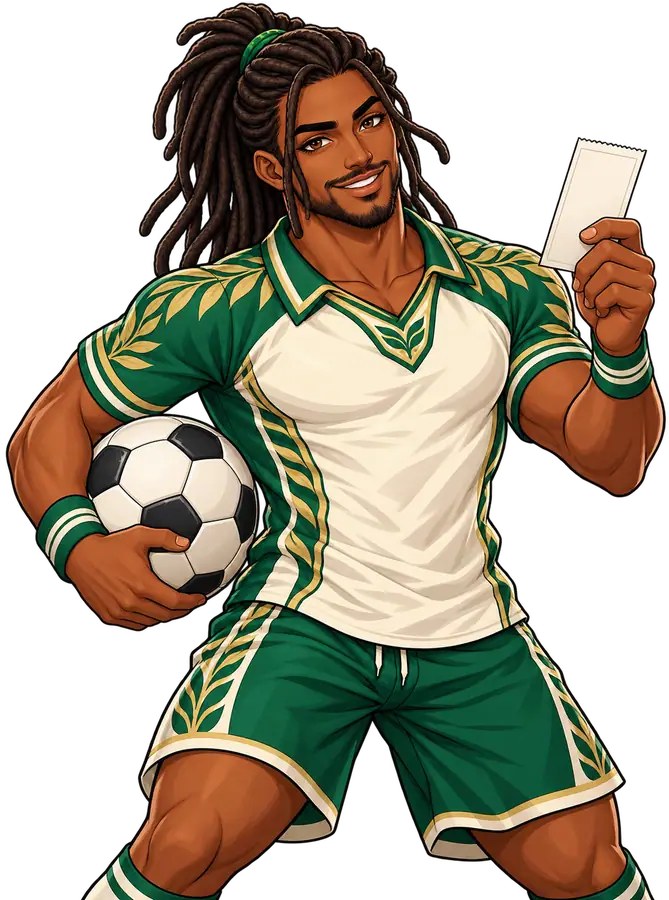 Spin & Score Megaways asosida chizilgan futbolchi bo‘sh freebet kuponi va to‘pni ushlab turibdi