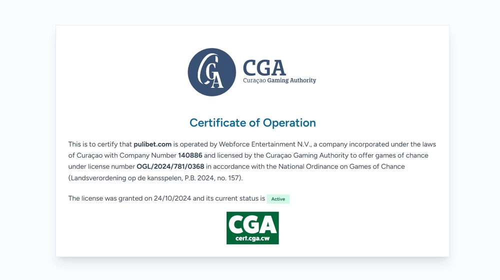 OGL/2024/781/0368 litsenziyasi, Active holati va Webforce Entertainment N.V. kompaniyasi ko‘rsatilgan Certificate of Operation
