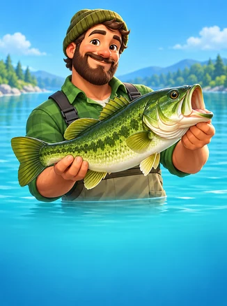 Big Bass Bonanza 1000 — katta yashil okun tutgan jilmayayotgan baliqchi