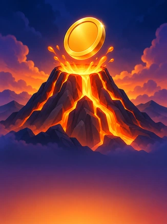 Coin Volcano — to‘q sariq lava va oltin tanga tasvirlangan vulqon