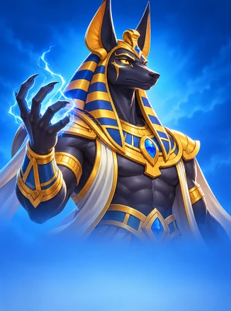Storm of Seth 2 — ko‘k va oltin bosh kiyimdagi, chaqmoq tutgan Misr ilohi